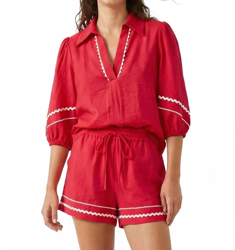 NEW NAKED ZEBRA contrast trim puff sleeve linen blouse in red